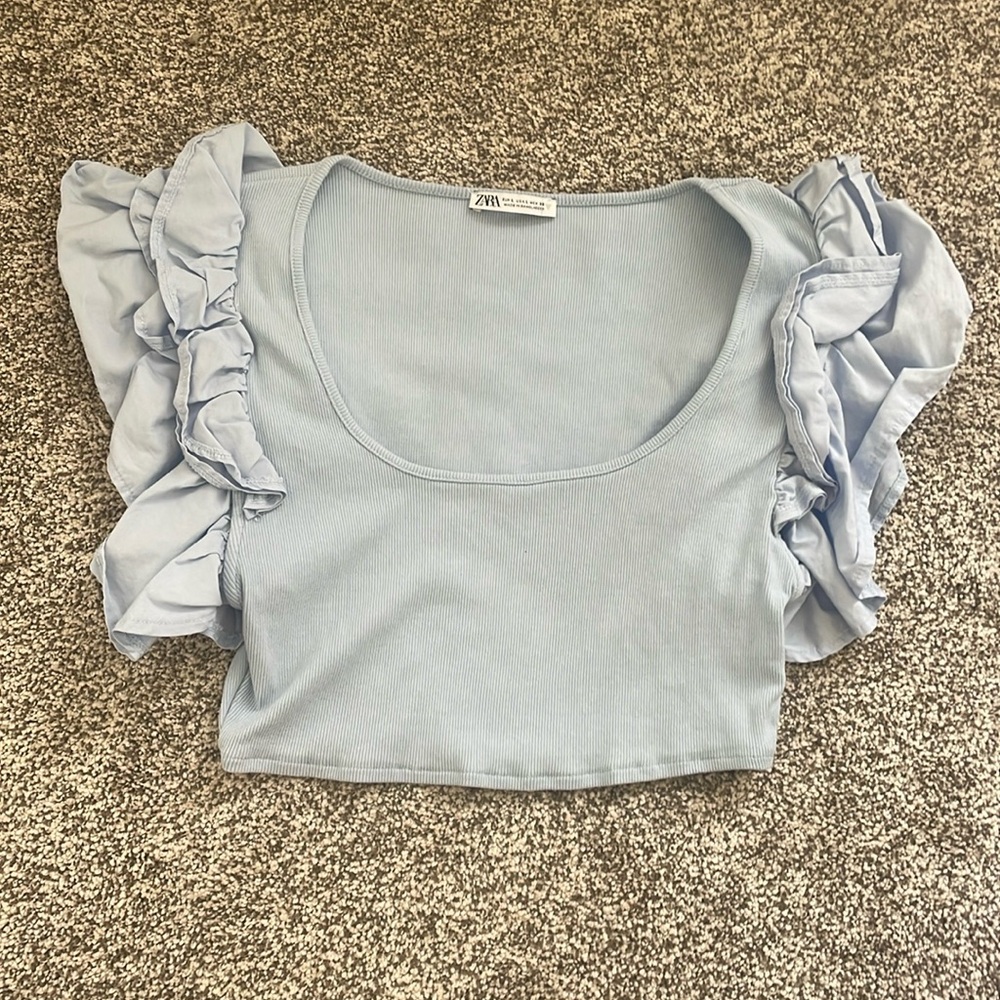 Blue Zara Ruffle Sleeve Crop Top